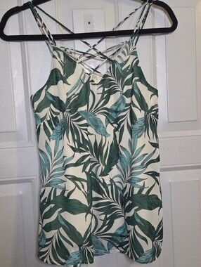Japna - Tropical Leaf Strappy Cami Tank Top - Green & Cream